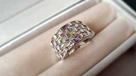 Ring silberfarben mit farbigen Glitzersteinen