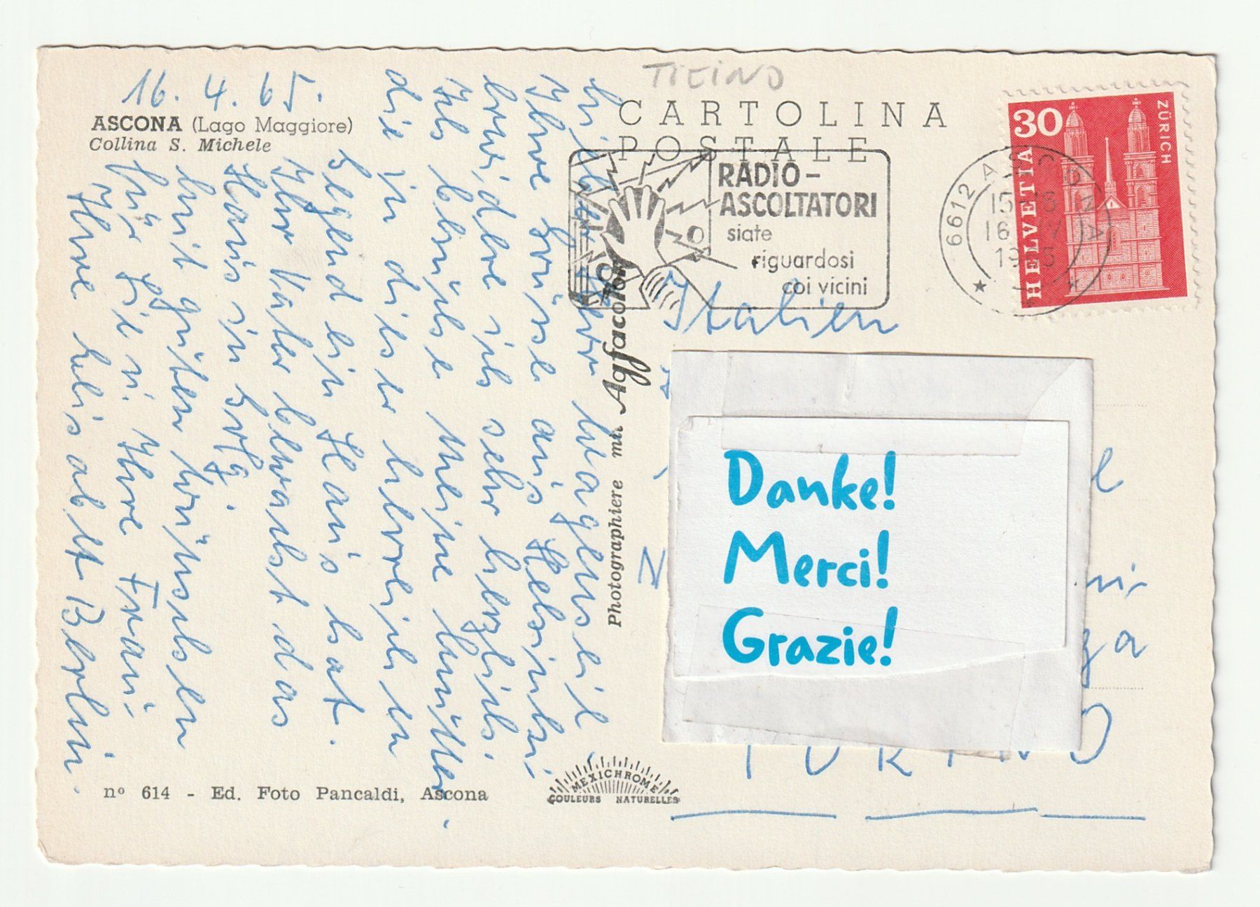 Cartoline postali: Alte Postkarte 1965, Ascona mit der Collina San Michele – Usato da St. Gallen venduto da Ricardo_Deals 1