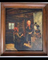 1946 Frauen am Kamin - Altes Gemälde