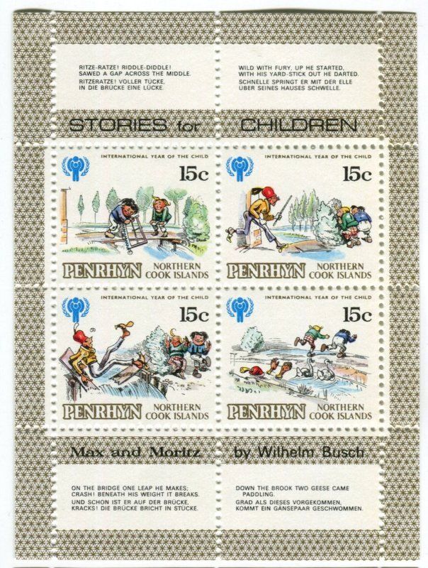 Alle Briefmarken: Block "Max und Moritz". Penrhyn. – Neu und originalverpackt aus Basel von Butsch5