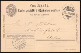 Unsichtbarer Stabstempel LICHTENSTEIG SG, PK 1908 nach Arbon