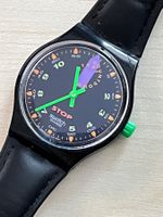 Coole Swatch Uhr, Schwarz mit Lederarmband, Top Zustand