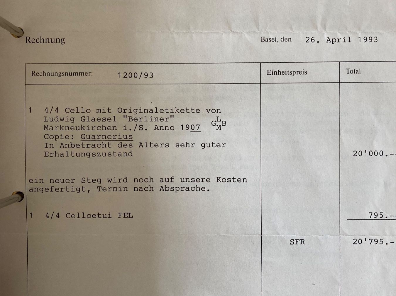 Strumenti musicali: Cello Ludwig Glaesel "Berliner", Markneukirchen 1907 – Usato da Basel venduto da ltr_dmh7 7