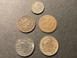 Lot 5 Monnaies fédérales / 1 - 2 centimes / 1909-1943