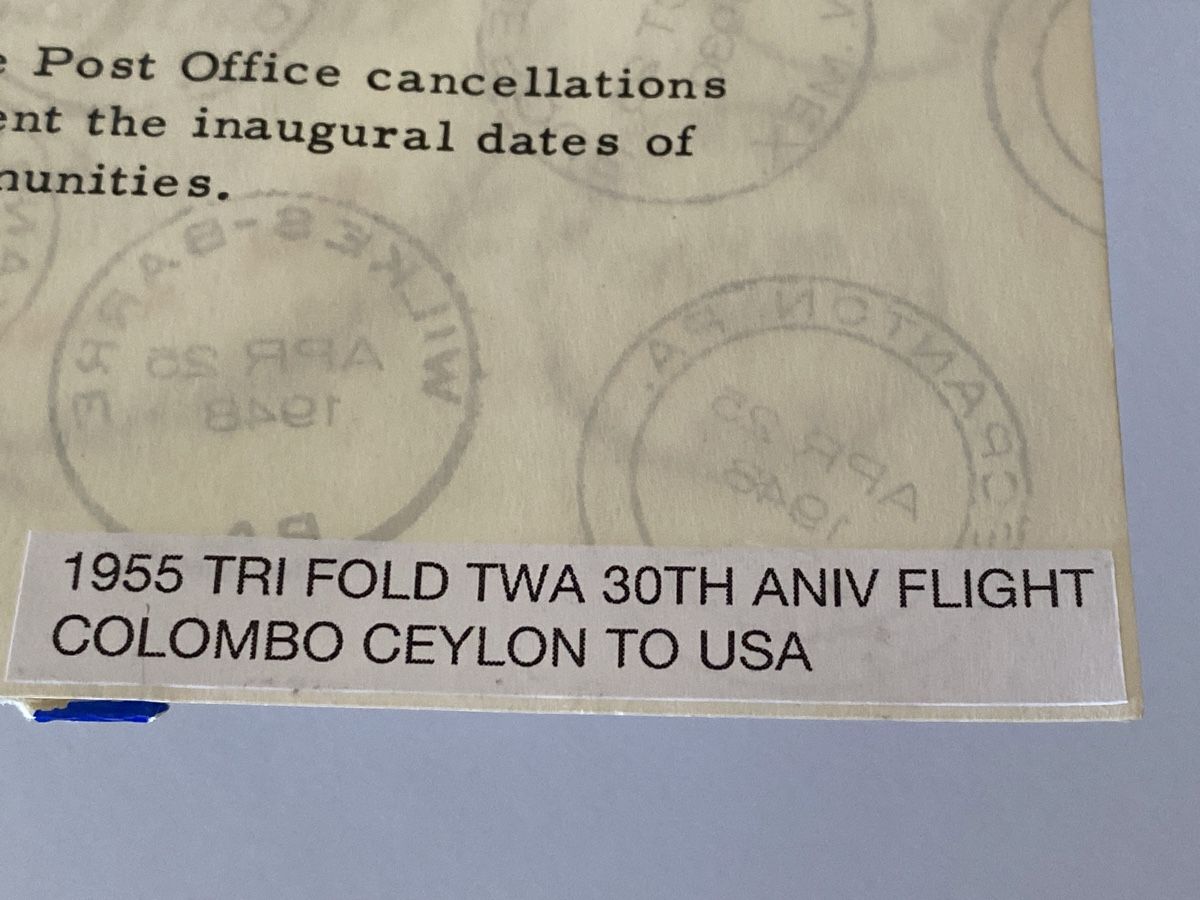 Alle Briefmarken: Colombo Ceylon 1955 Tri Fold TWA 30th Aniv. Flight – Gebraucht aus Emmenbrücke von Raro-Valioso 4