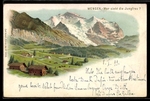 Cartoline postali: Litho Wengen, Wer sieht die Jungfrau?, S – Usato da Berlin venduto da bartko-reher