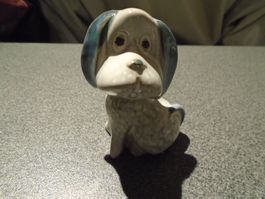 Hund grau/weisse Punkte, sitzend