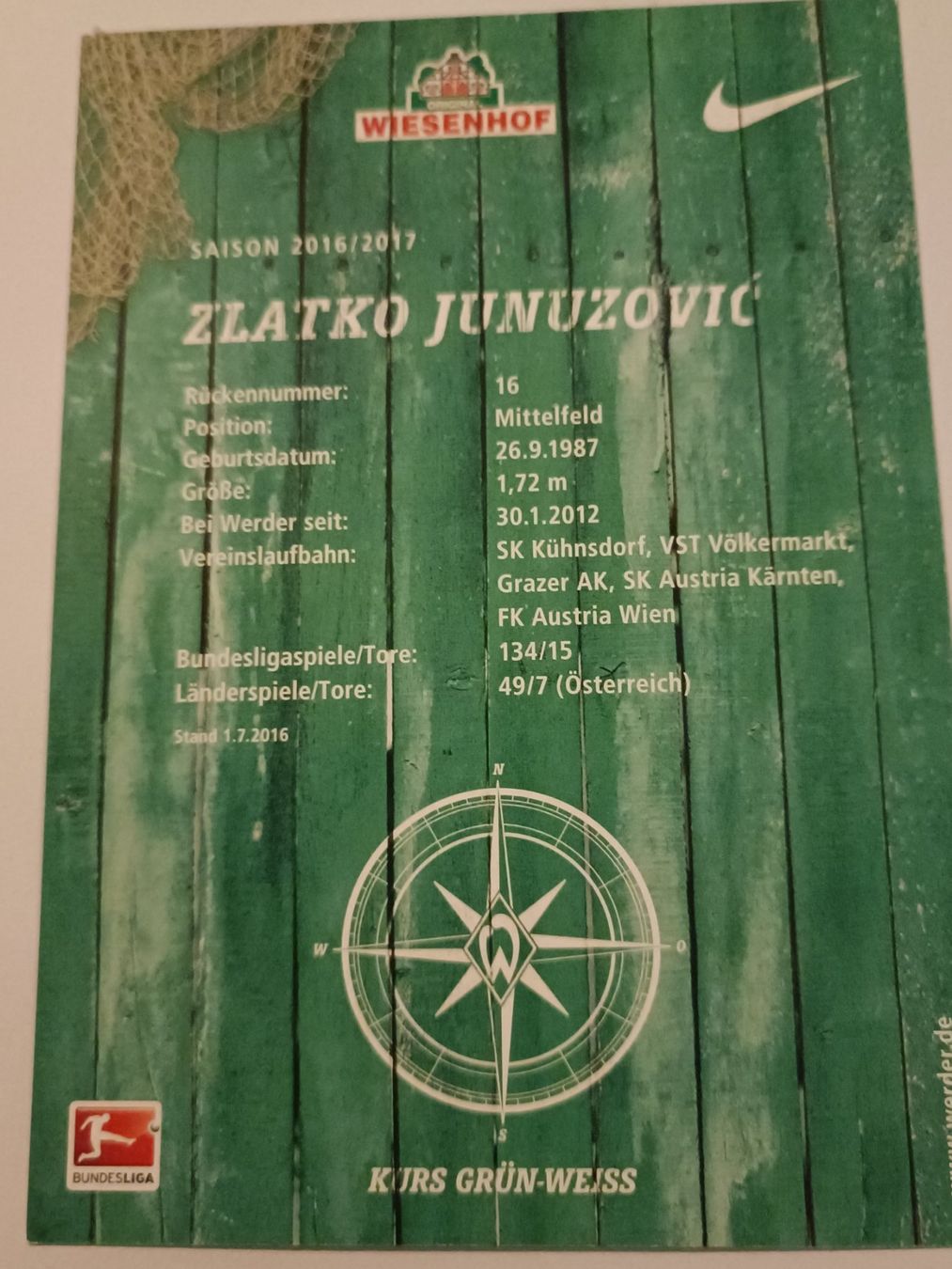 Autografi: Zlatko Junuzovic - Weder Bremen - Handsigniert – Usato da Menziken venduto da Artographs 1