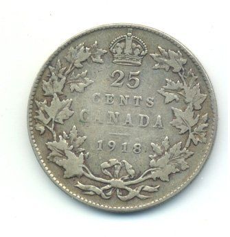 Alle Münzen: Kanada Canada 25 Cents 1918 Silber – Gebraucht aus Au SG von Zogu