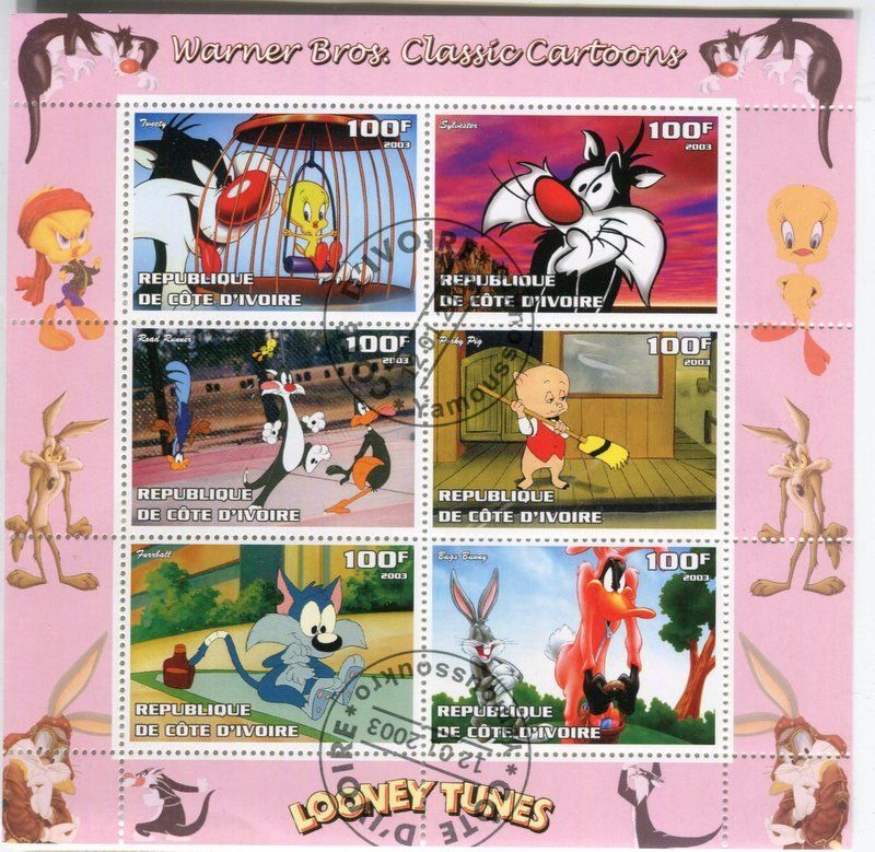 Tutti i francobolli: Block "Bugs Bunny, Daffy Duck, Sylvester". Elfenbeinküste. – Nuovo e nell'imballaggio originale da Basel venduto da Butsch5