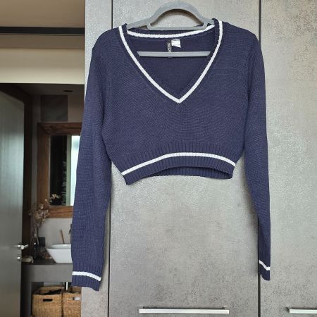 🐸 H&M CROP COLLEGE PULLOVER M DUNKELBLAU ACRYL