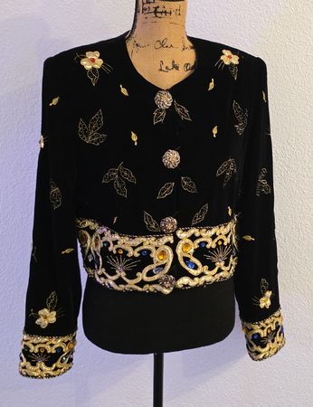 Vintage Samt Jacke Gr.42 mit Stickerei & Perlen, Top!