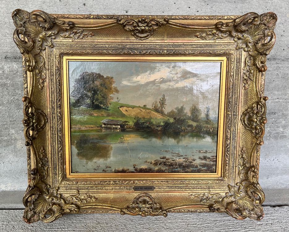 Landschaft mit Teich und Bootshaus, Ölgemälde, Wilhelm Frey Kaufen