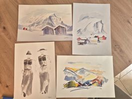 Lot de 4 illustrations A4 signées + textes de vœux poétiques