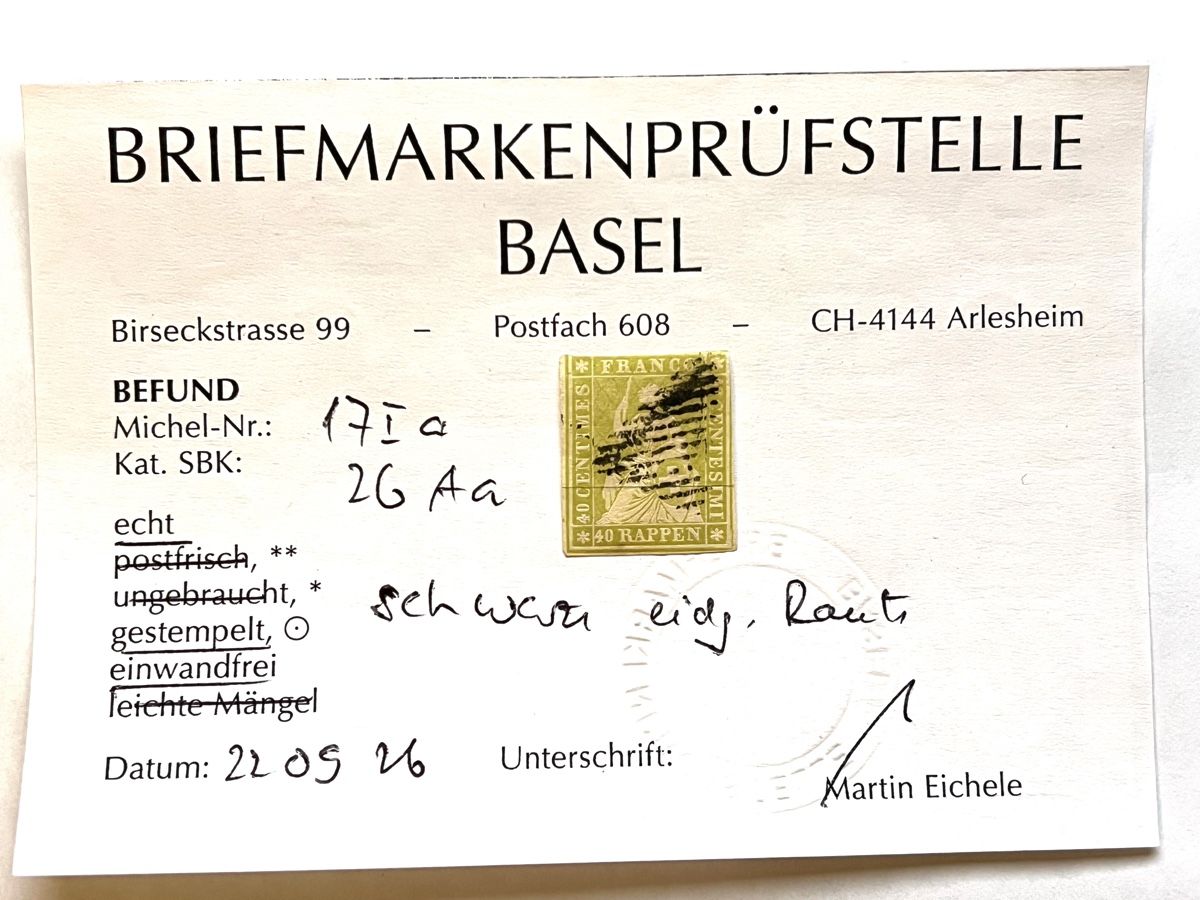 Alle Briefmarken: Strubel 26Aa mit Attest – Gebraucht aus Basel von G.SALE.2 2