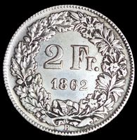 Abart Silber 2 Franken 1862 Schweiz Vorz Superrar