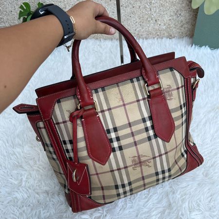 Burberry Handtasche Canvas Leder rot beige guter Zustand 31x