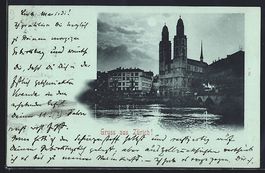 Mondschein-AK Zürich, Kirche vom Wasser