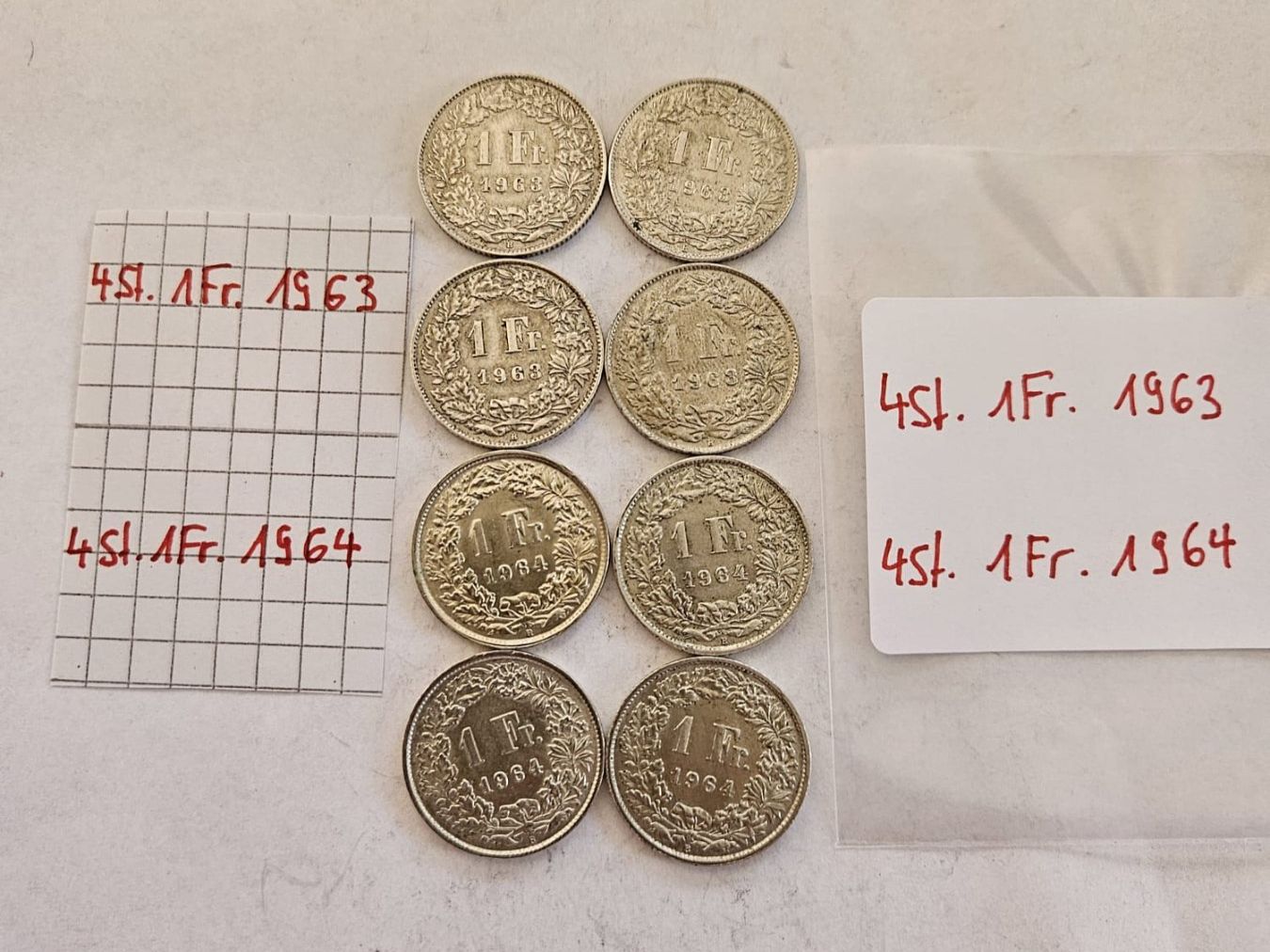 Alle Münzen: Einfränkler Set 8 Stück, 1963, 1964 – Gebraucht aus Grächen von Hel7890