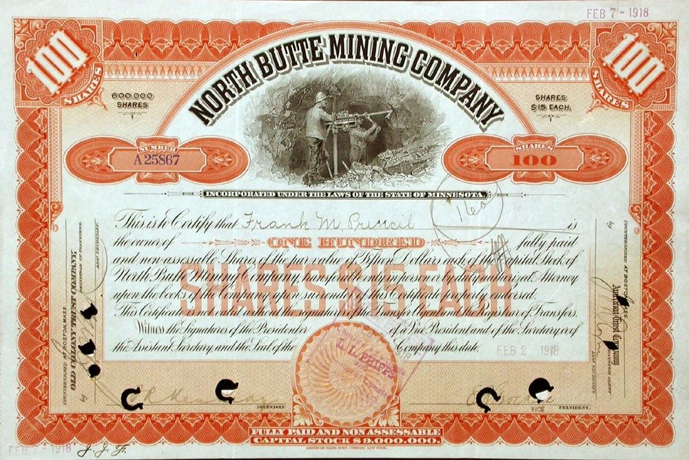Documenti: North Butte Mining Company - 1912 – Usato da Solothurn venduto da Sgasche