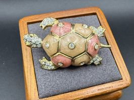 Vintage Schildkröten-Brosche mit Strasssteinen, Emailliert