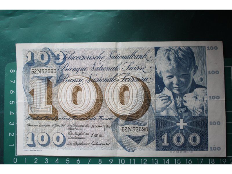 Banknoten: typ mäher banknote 100 franken 1967 – Gebraucht aus Laupen BE von Gufi57