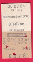 KARTON BILLETT,BIRMENSDORF(ZH) - DIETIKON,2.KLASSE,RETOUR,HA