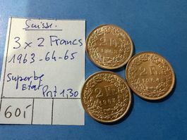 SUISSE : 3 X 2 FRANCS 1963-1964-1965 ARGENT - SUPERBE