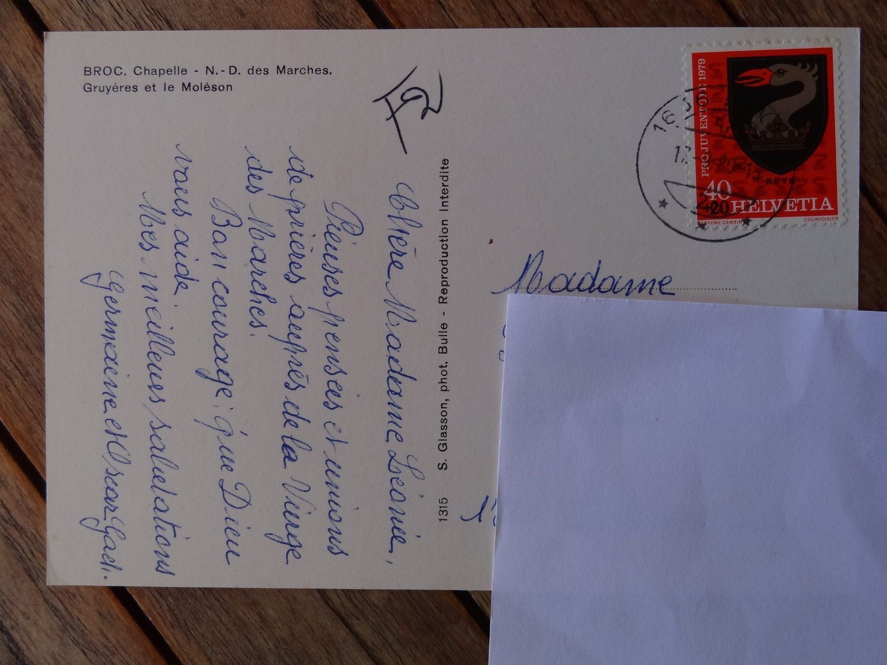 Cartoline postali: Broc - Chapelle N.D. des Marches - 1980 – Usato da St Léonard venduto da Riglin 1