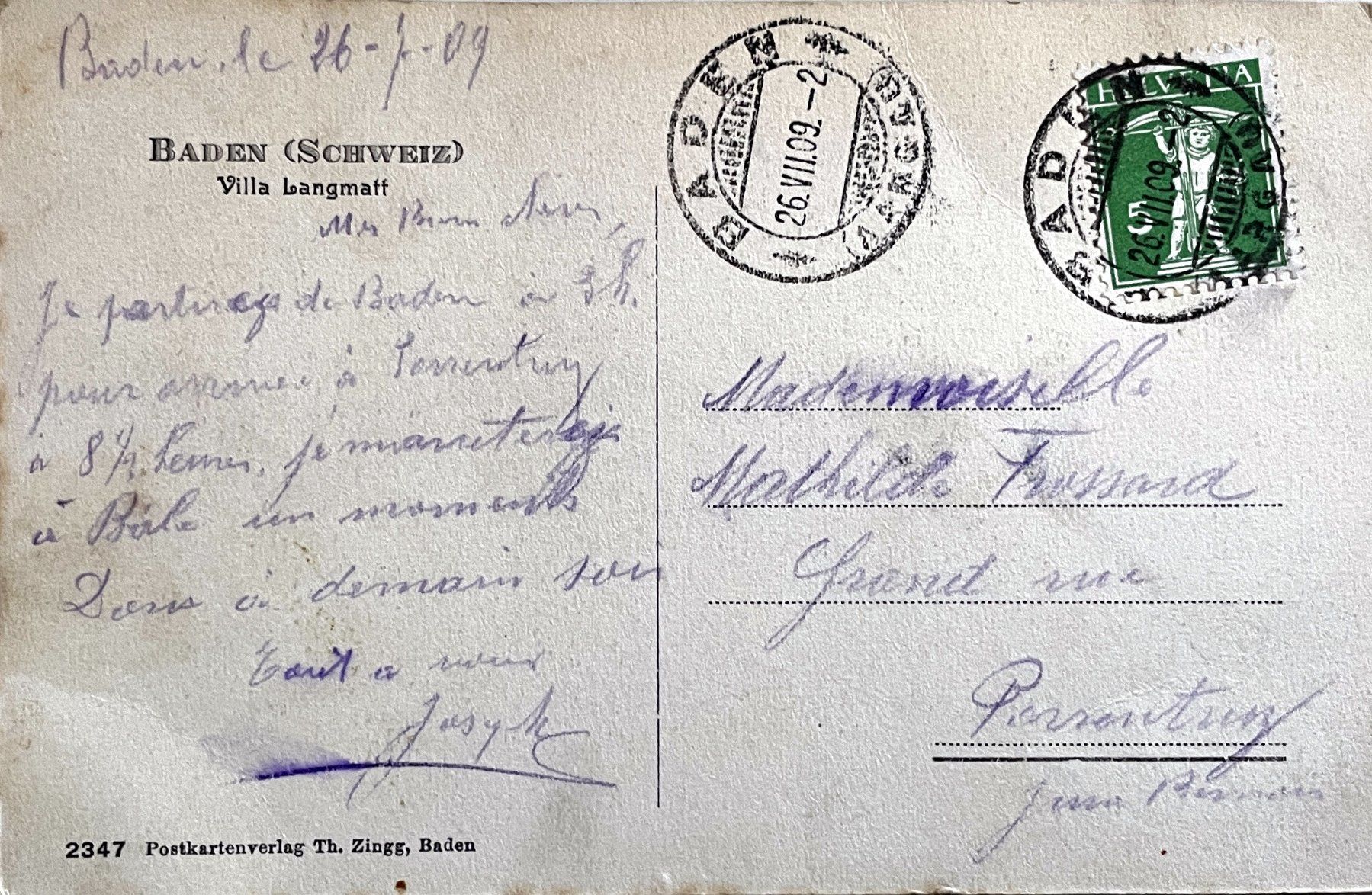 Cartoline postali: Baden - Villa Langmatt – Usato da Savagnier venduto da Ne2065 1