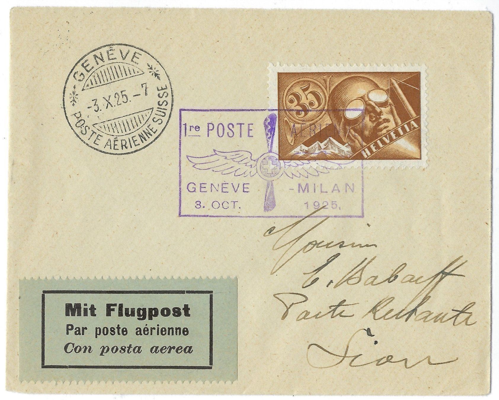 Tutti i francobolli: Flug SF 25.8b Genf-Sion, Kat-Preis Fr. 340 – Usato da Morgarten venduto da mech58