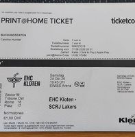 4 Tickets EHC Kloten - SCRJ Lakers am 24.10.26