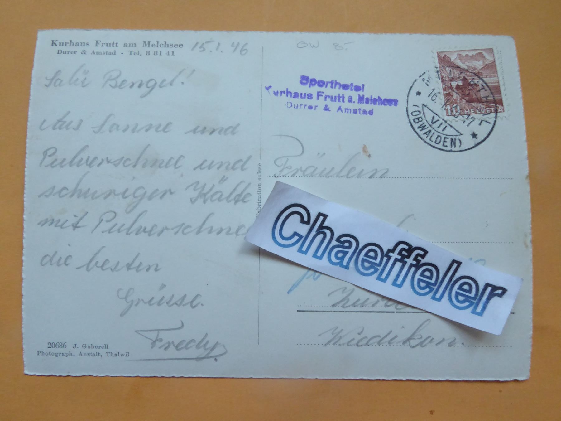 Cartoline postali: 1946  Kurhaus Frutt am Melchsee – Usato da Zürich venduto da Chaeffeler 1