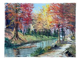 Peinture paysage forêt en automne à l'huile sur toile