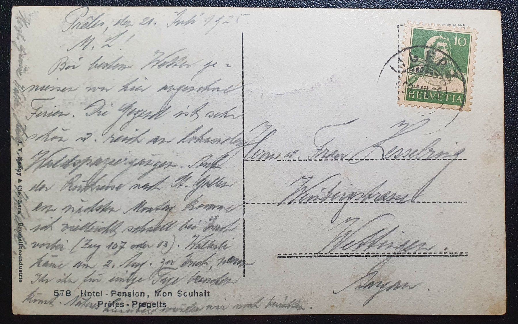 Ansichtskarten: PRÊLES 1925, HOTEL PENSION MON SOUHAIT – Gebraucht aus Kreuzlingen von Rschweiz1 1