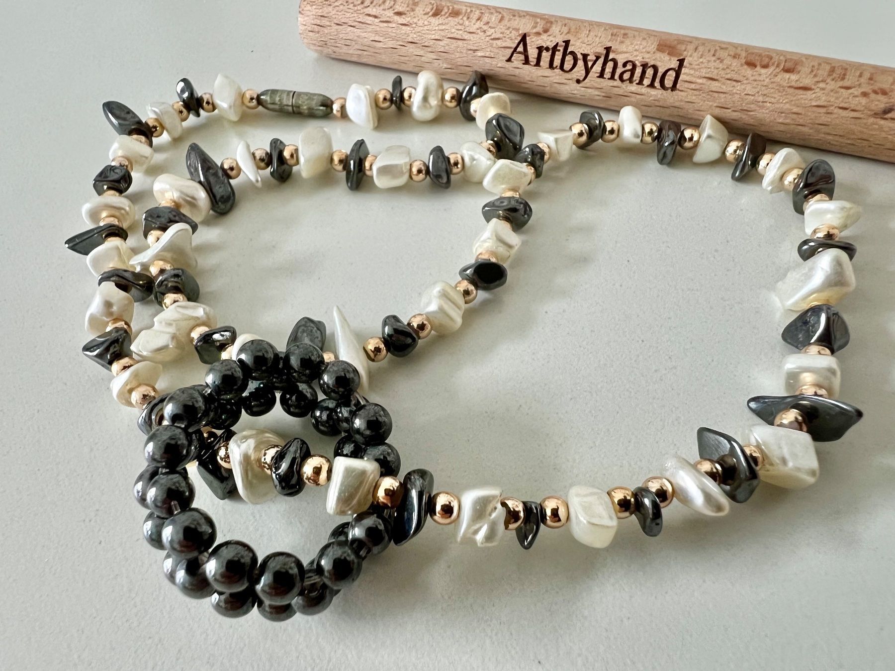 Sonstiger Schmuck: Echte Perlen & Hämatit - Edles Collier mit passendem Ring – Gebraucht aus Ruswil von artbyhand 1
