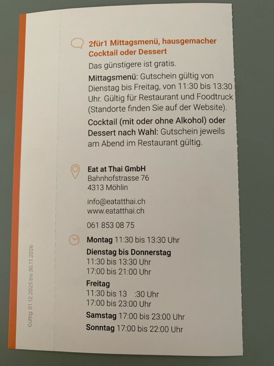 Buoni: 2für1 Est at Thai, Möhlin – Nuovo e nell'imballaggio originale da Attelwil venduto da TaraLee 1