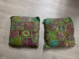 2 grüne Zier Kissen mit Pailletten 40 cm Patchwork Stickerei