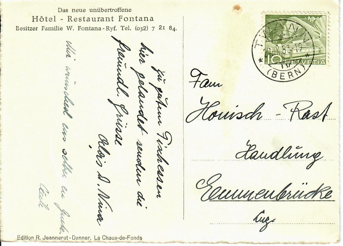 Cartoline postali: Twann - Restaurant Fontana 1953 – Usato da Hochdorf venduto da Ziegel-16 1