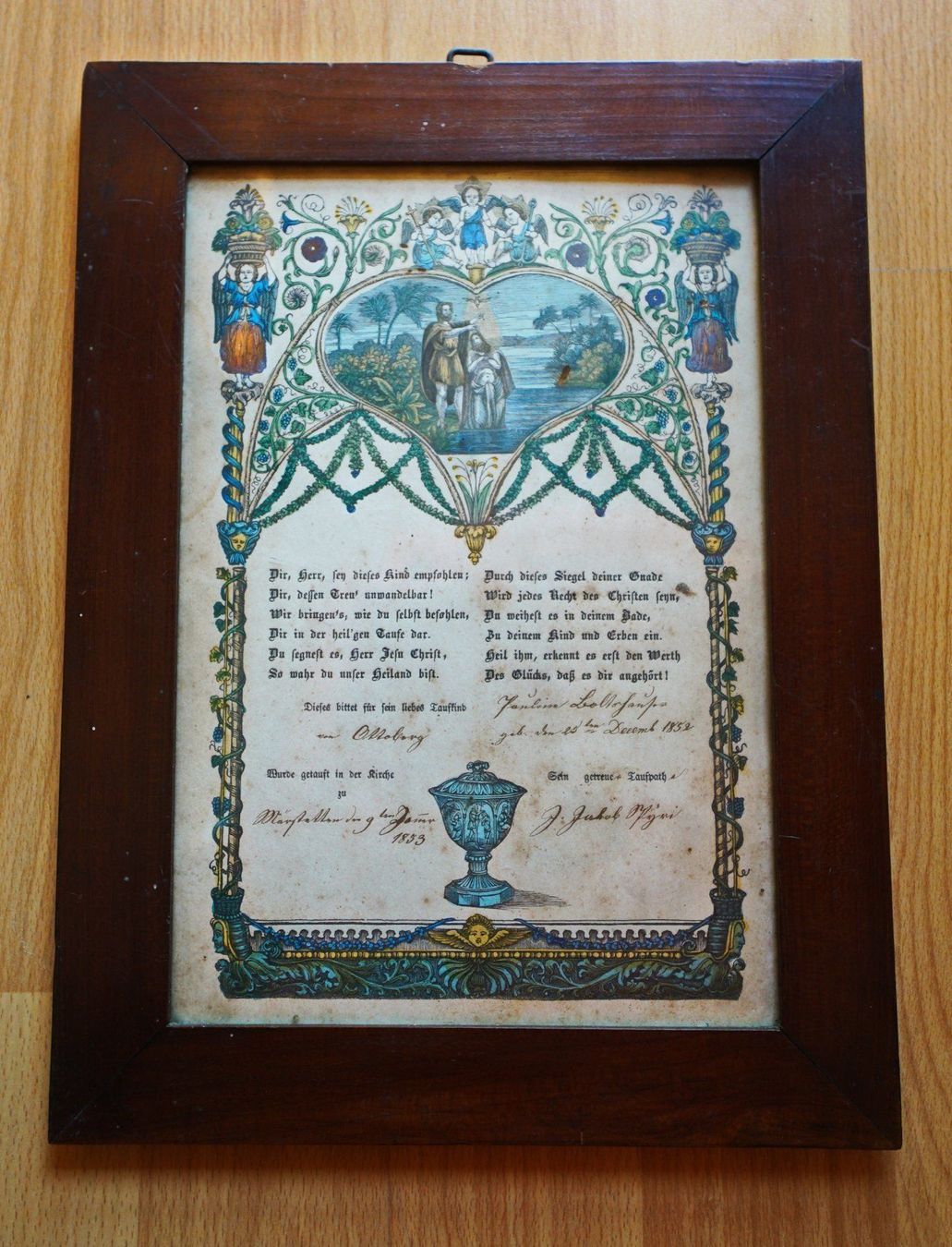 Dokumente: Schöner Taufzettel von 1853 – Gebraucht aus Zumikon von Bonotli