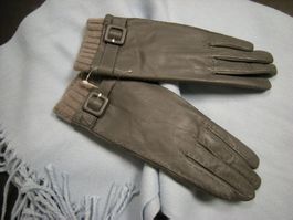 Echt Glatt Leder Strick Handschuhe Gr. S grau