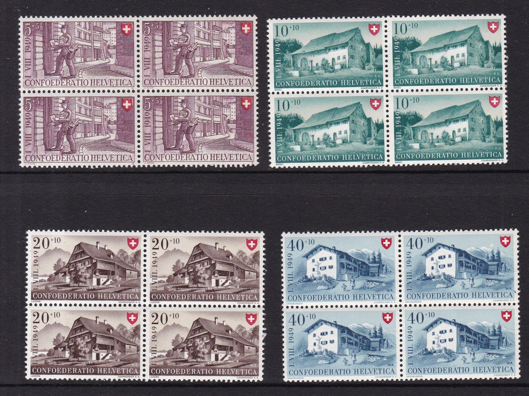Alle Briefmarken: 16 Stk. Pro Patria Viererblocks ab 1938, postfrisch – Gebraucht aus Münchwilen AG von Nesar 1