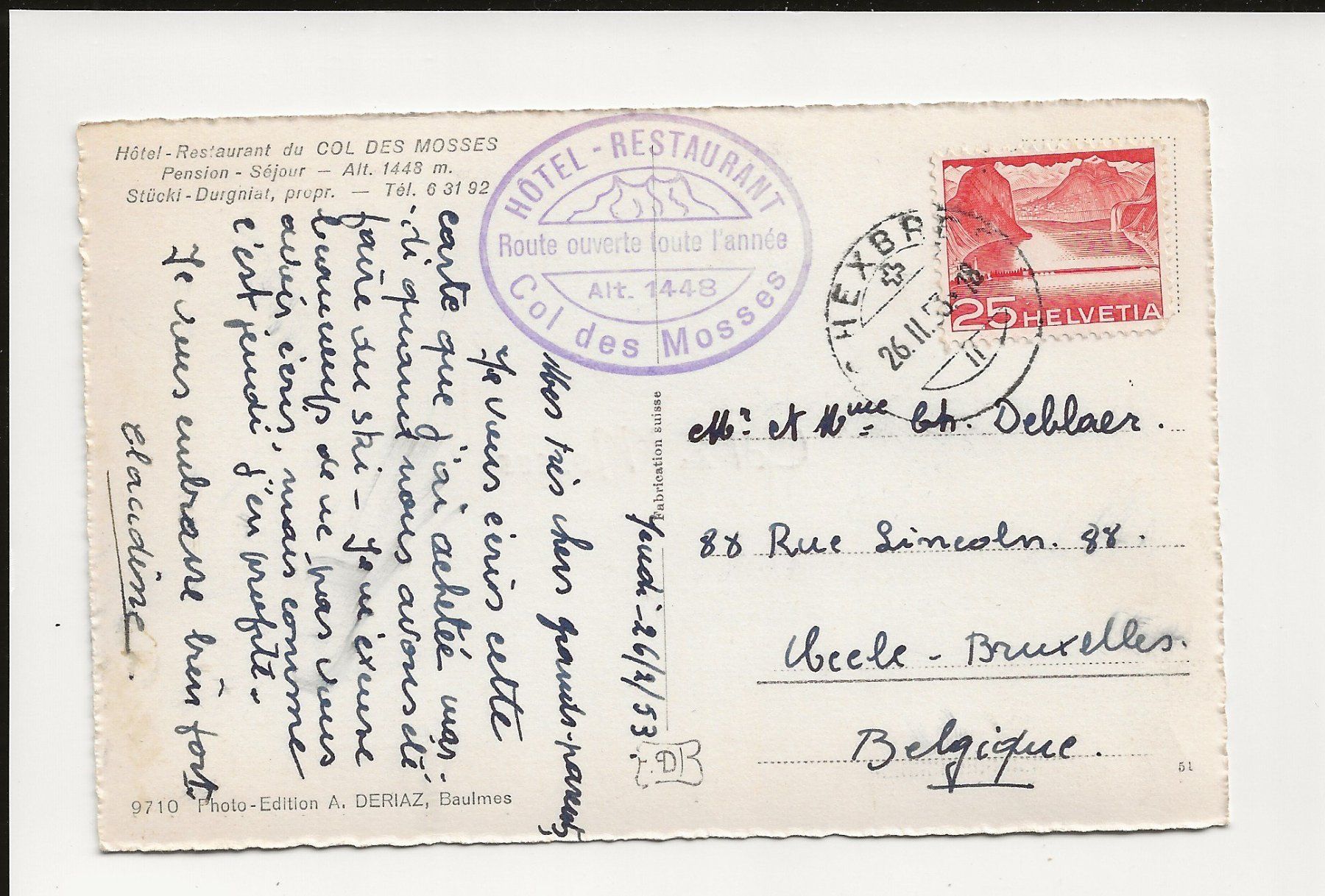 Cartoline postali: AK 1953 Hotel - Restaurant Col des Mosses – Usato da Greifensee venduto da 315WDO 1