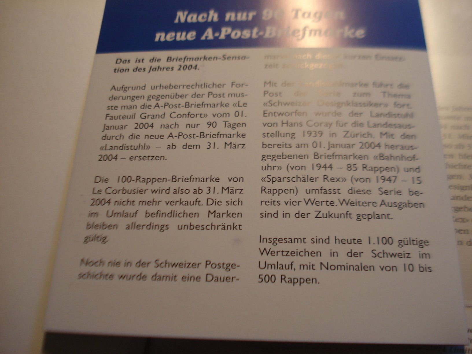 Tutti i francobolli: Folder Dauermarke 1.- Corbusier/Landistuhl, 2004 – Usato da Niederwil AG venduto da morostahu 2