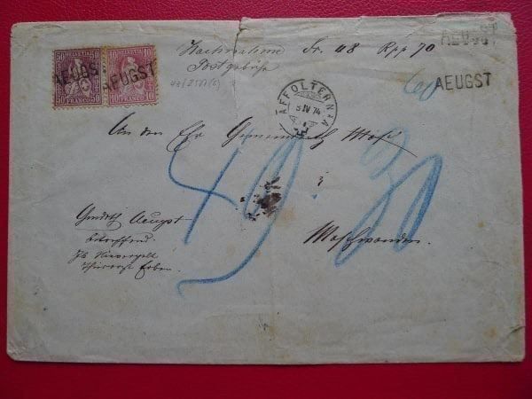 Tutti i francobolli: 1874: Nr.38+43 Brief von AEUGST + AFFOLTERN - selten. – Usato da Sursee venduto da Luzernerraute