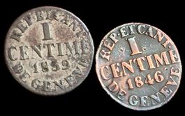 Billon Kantonsmünzen Genf 2x 1 Centime 1839/1846 Vorzüglich