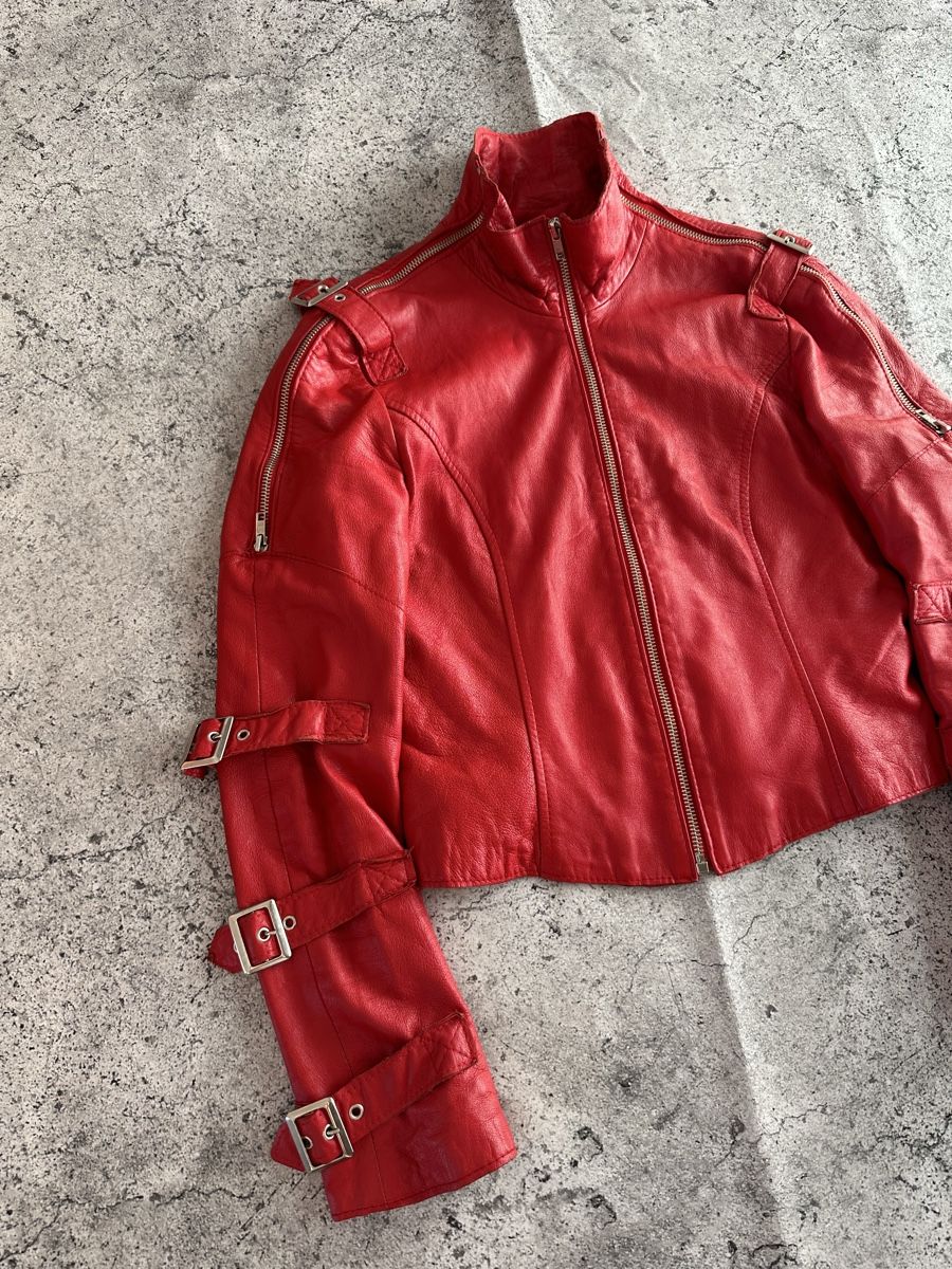 Giacche: Red Leather Biker Jacket, Italian Design - Cool Now! – Usato da Zürich venduto da megastored 5