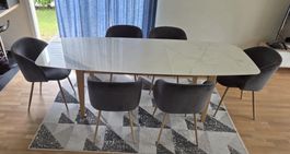 Modern Ceramic Dining Table w/ 6 Velvet Chairs - Great Deal!