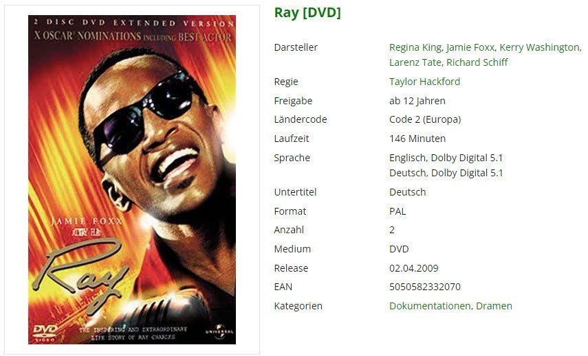 Tutti i DVDs: Ray (DVD) – Usato da Buchrain venduto da Sssschaller