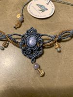 💙 Collier macramé – Agate bleue, quartz rutile & calcédoine